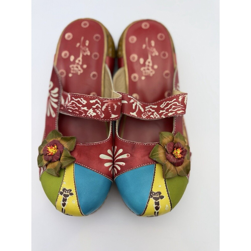 Hand Painted Leather Flower Platform Clogs Slippers Mary Jane Slides Multicolor